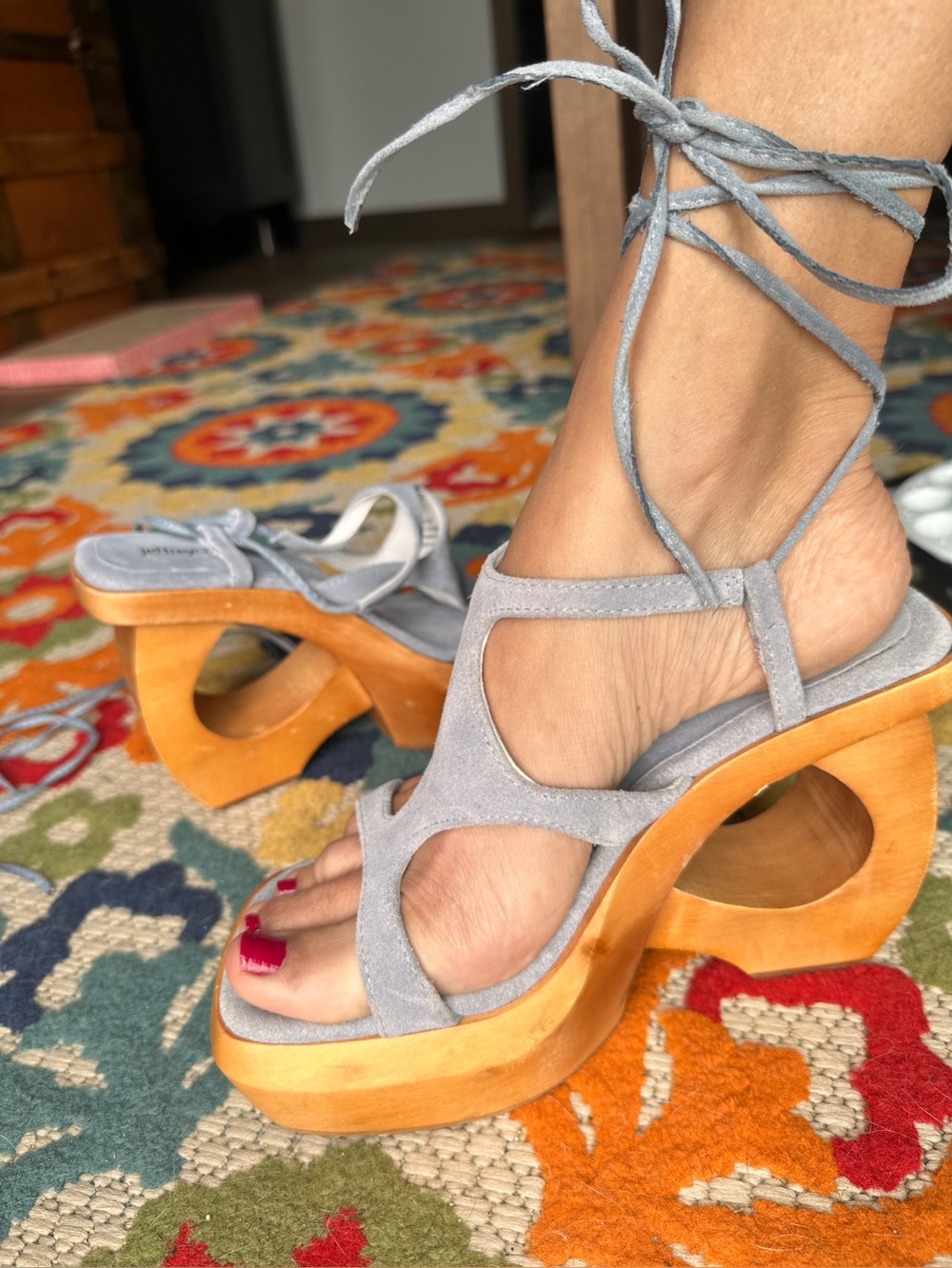 Jeffrey Campbell Idolize Gray Suede Lace-Up Wooden Heel Sandals 7M